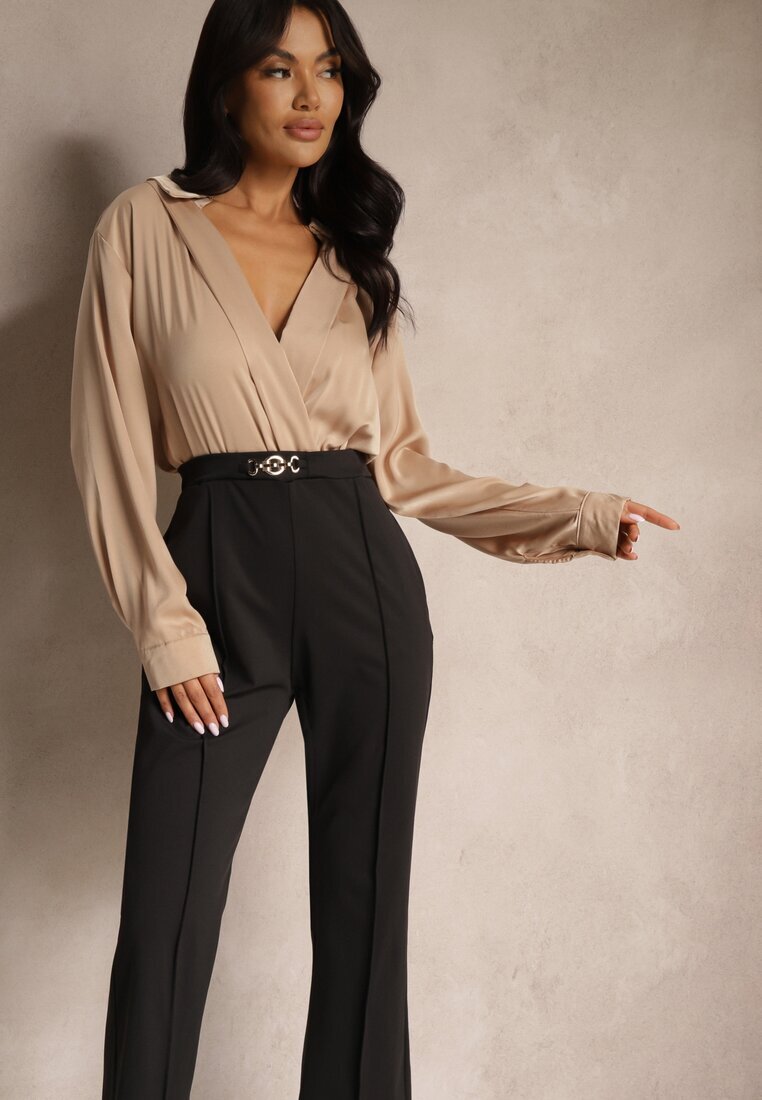 rosa Salopetă Negru-Bej petrecută cu bluză elegantă tip cămașă și pantaloni largi Vareti