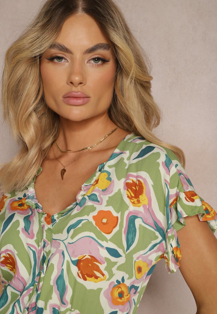 rosa Salopetă Scurtă Verde din Viscoză cu Volane Decorative stil Boho Tatella