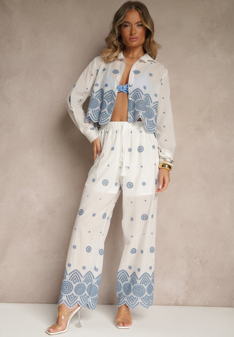 rosa Set Alb din Bumbac Brodat Cămașă și Pantaloni Savirice