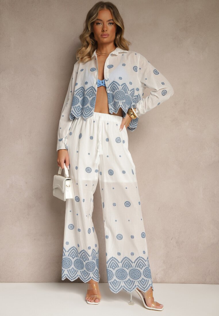 rosa Set Alb din Bumbac Brodat Cămașă și Pantaloni Savirice