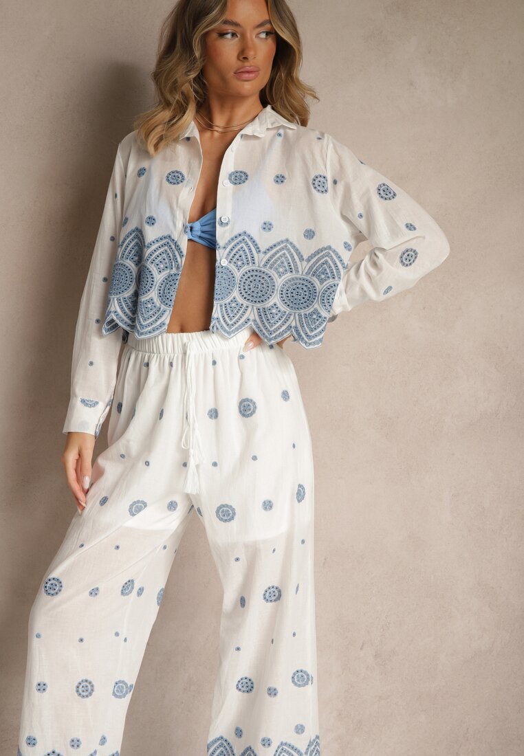 rosa Set Alb din Bumbac Brodat Cămașă și Pantaloni Savirice