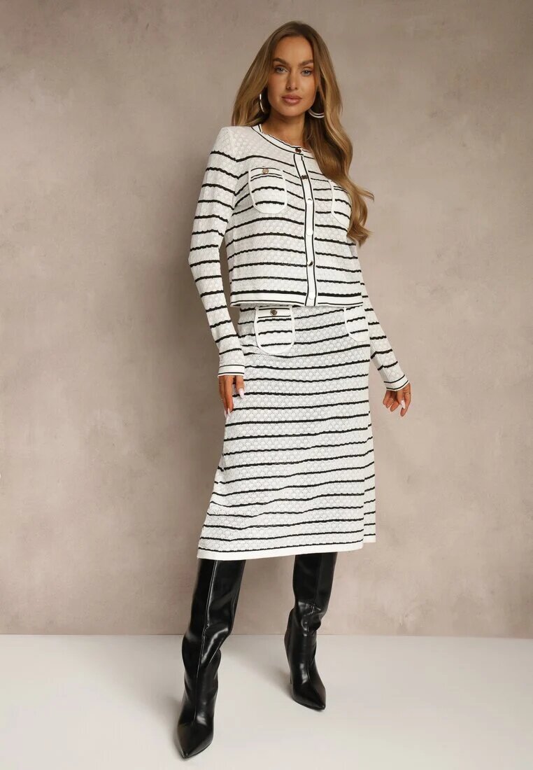 rosa Set Alb din Tricot cu Viscoză Striat Cardigan și Fustă Sepelisse