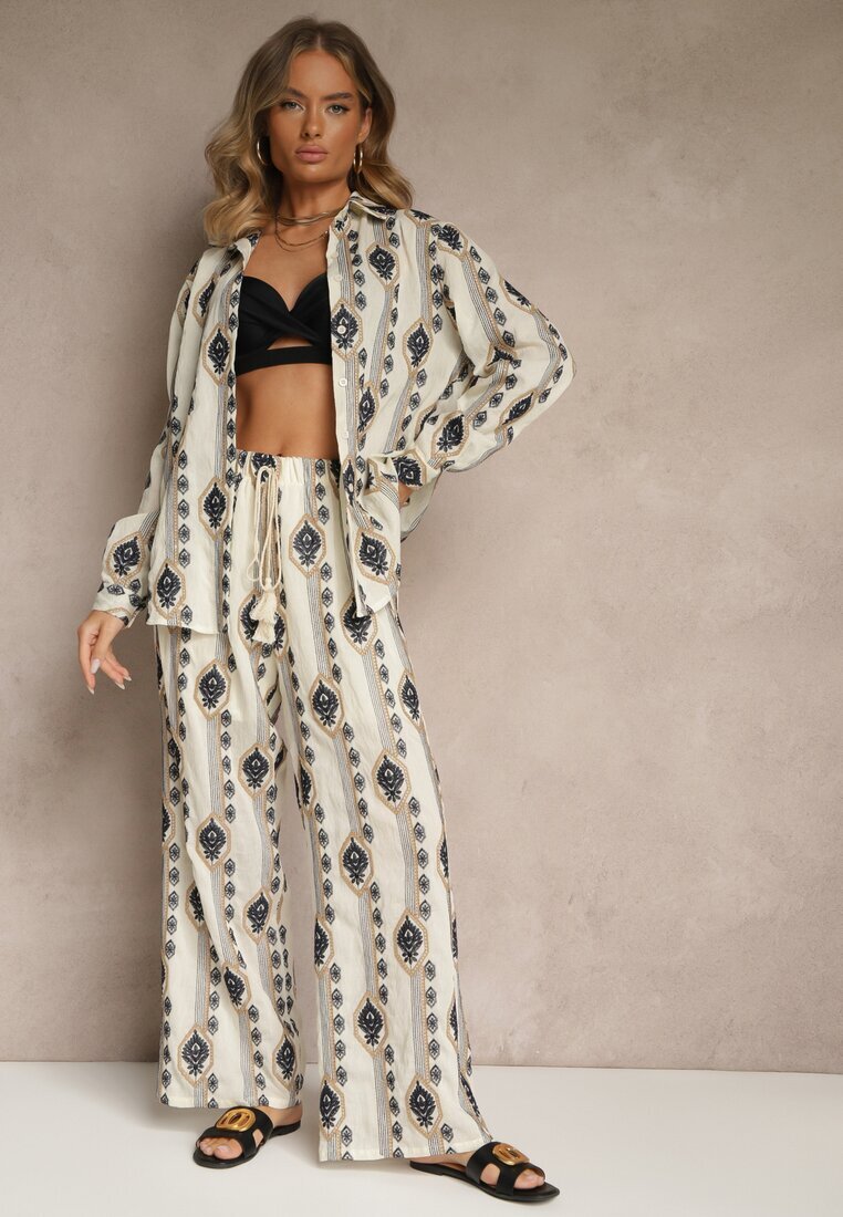 rosa Set Bej din bumbac cu broderii Cămașă și Pantaloni Nalavina