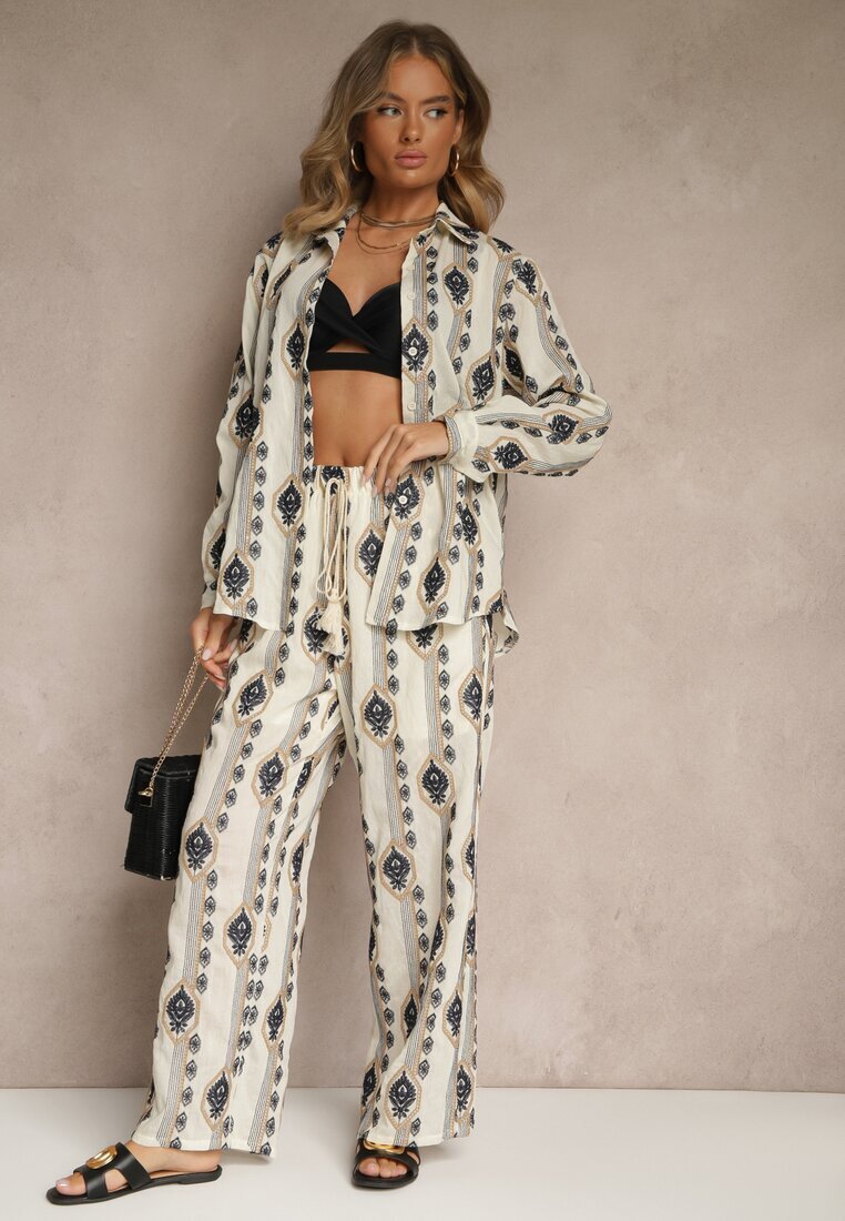 rosa Set Bej din bumbac cu broderii Cămașă și Pantaloni Nalavina