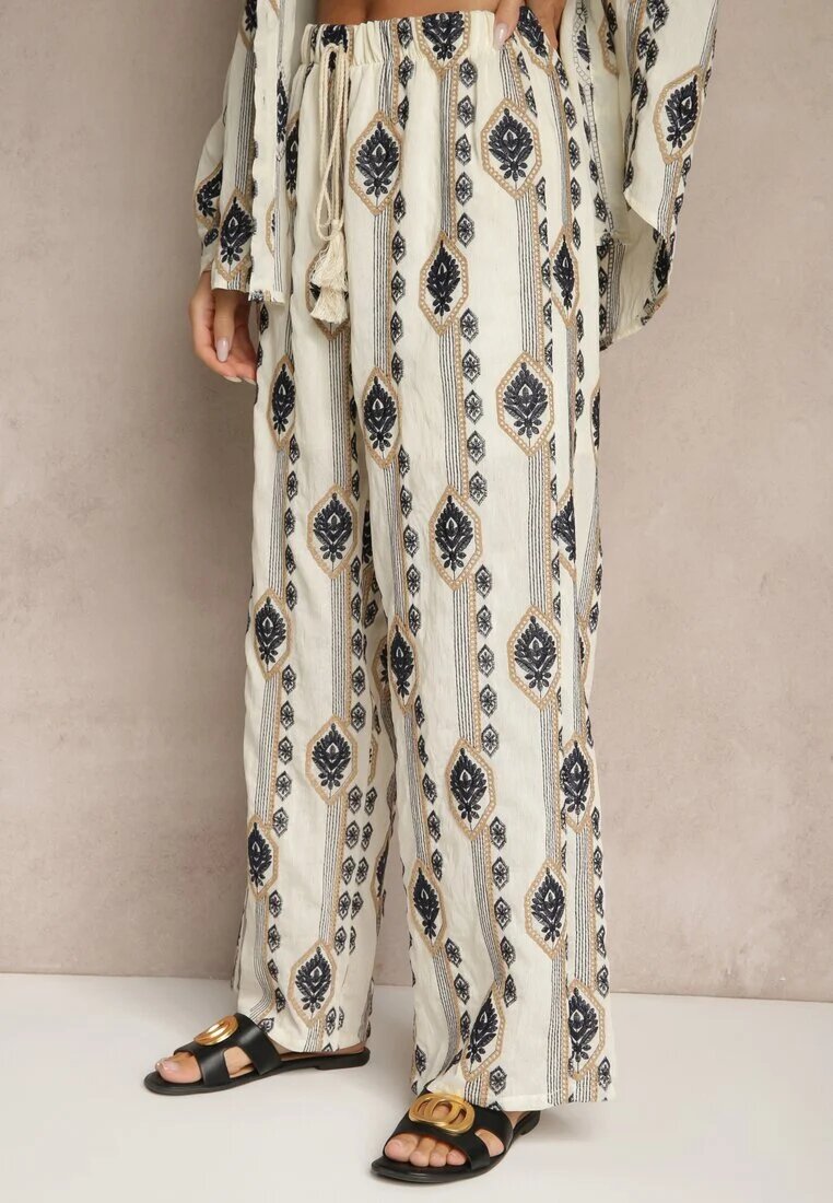 rosa Set Bej din bumbac cu broderii Cămașă și Pantaloni Nalavina