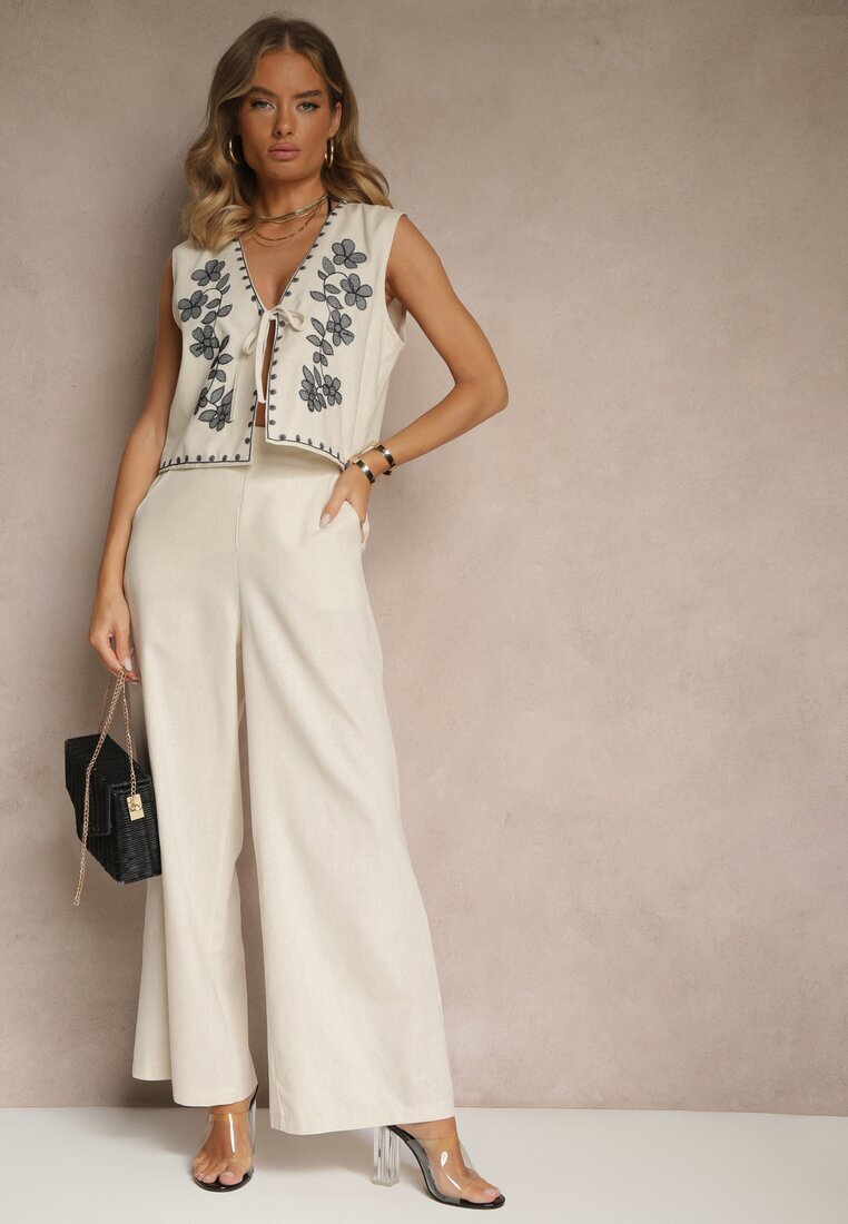 rosa Set Bej din Bumbac Pantaloni largi și Vestă brodată Ralissele