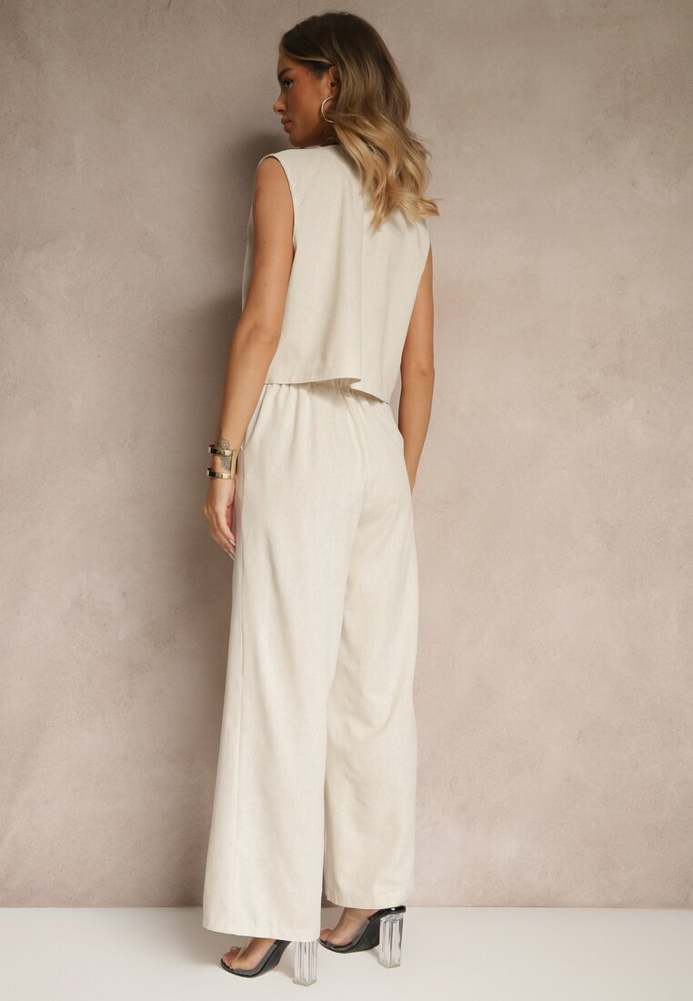 rosa Set Bej din Bumbac Pantaloni largi și Vestă brodată Ralissele