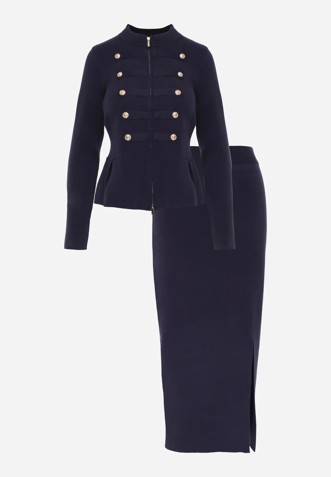 rosa Set elegant din tricot cu vâscoză Napoleon Jacket și fustă creion Liomix Bleumarin