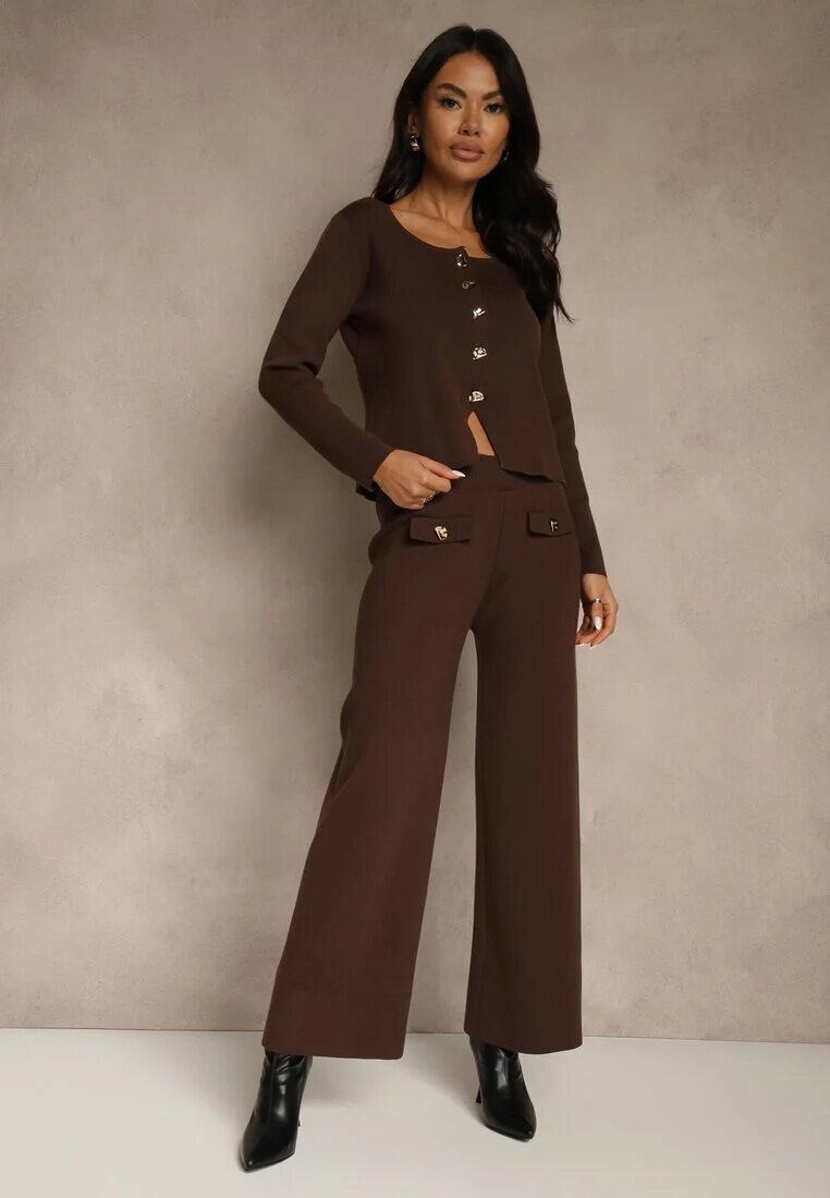 rosa Set Elegant Maro din Tricot cu Viscoză Cardigan și Pantaloni Delinavea