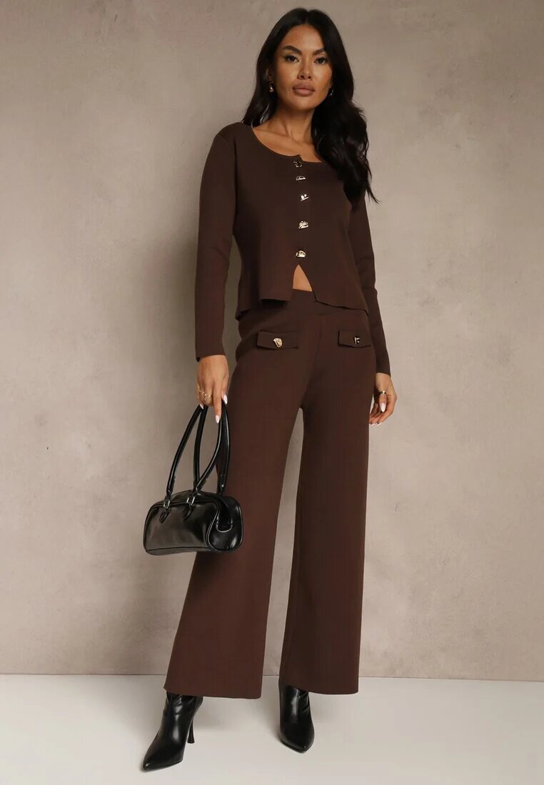 rosa Set Elegant Maro din Tricot cu Viscoză Cardigan și Pantaloni Delinavea
