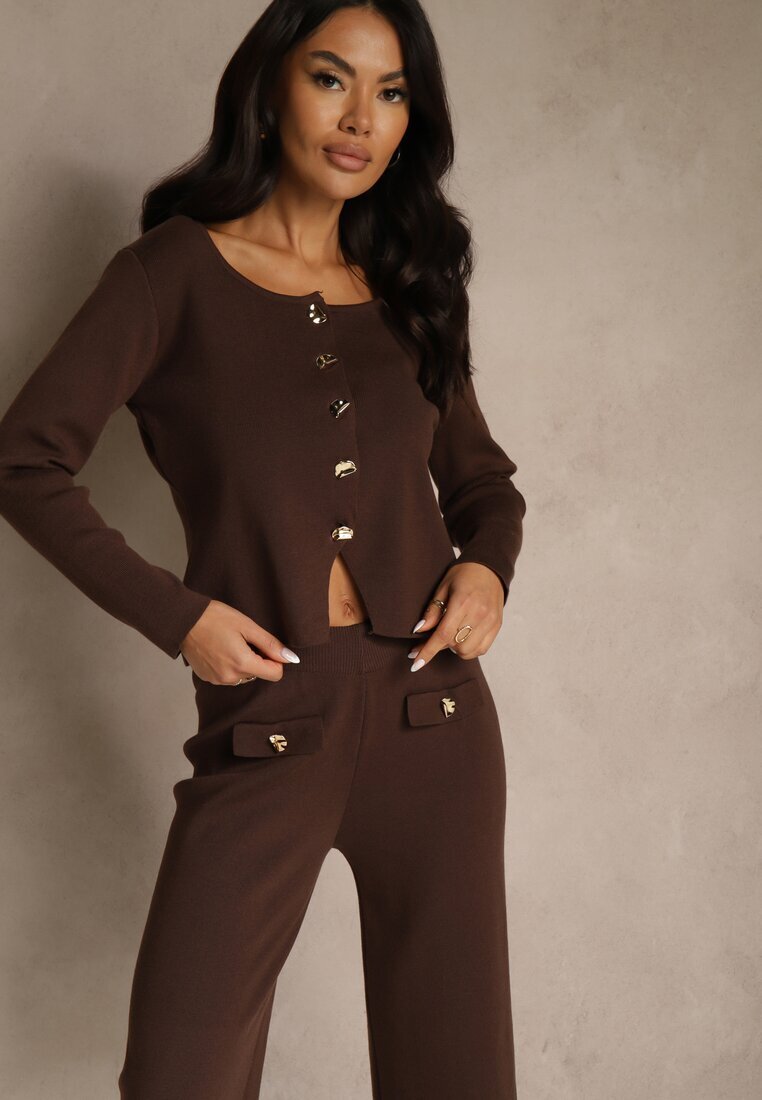 rosa Set Elegant Maro din Tricot cu Viscoză Cardigan și Pantaloni Delinavea