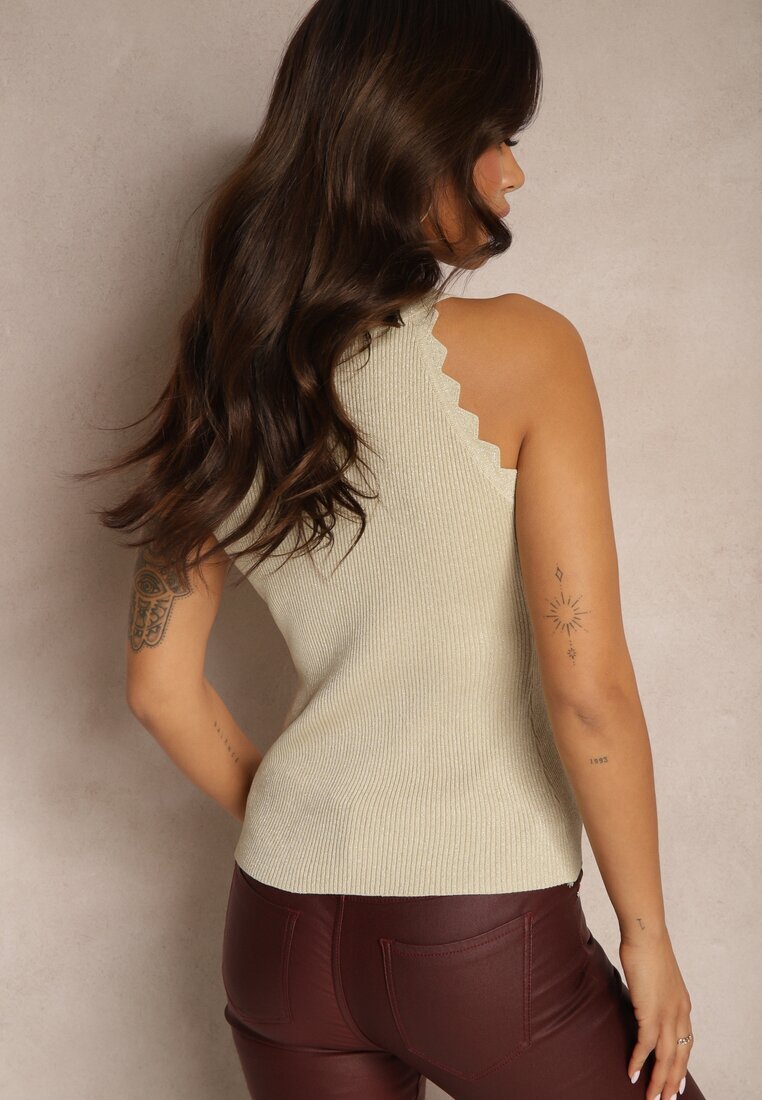 rosa Top Bej din Viscoză din Tricot Reiat Decorat cu Model Geometric Vortizelle