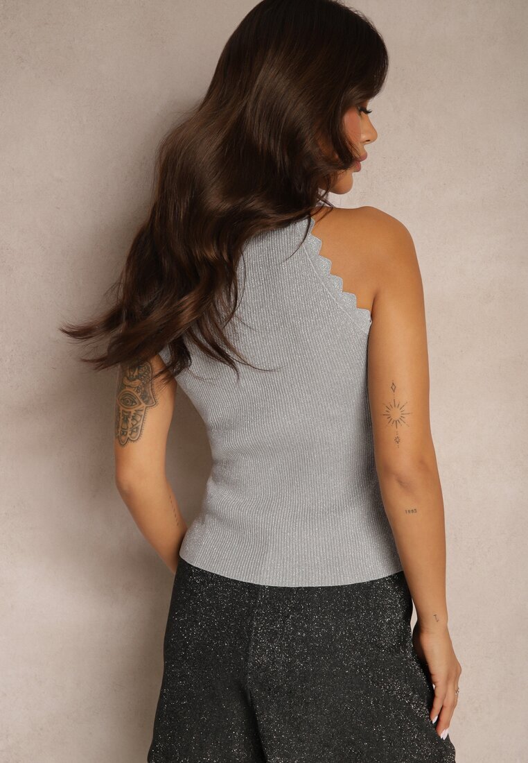 rosa Top Gri din Viscoză din Tricot Striaț Decorat cu Model Geometri Vortizelle