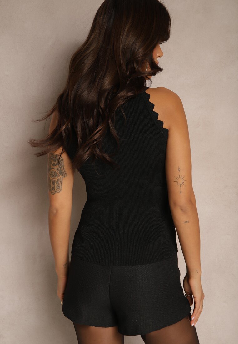 rosa Top Negru din Viscoză din Tricot Reiat Decorat cu Model Geometric Vortizelle