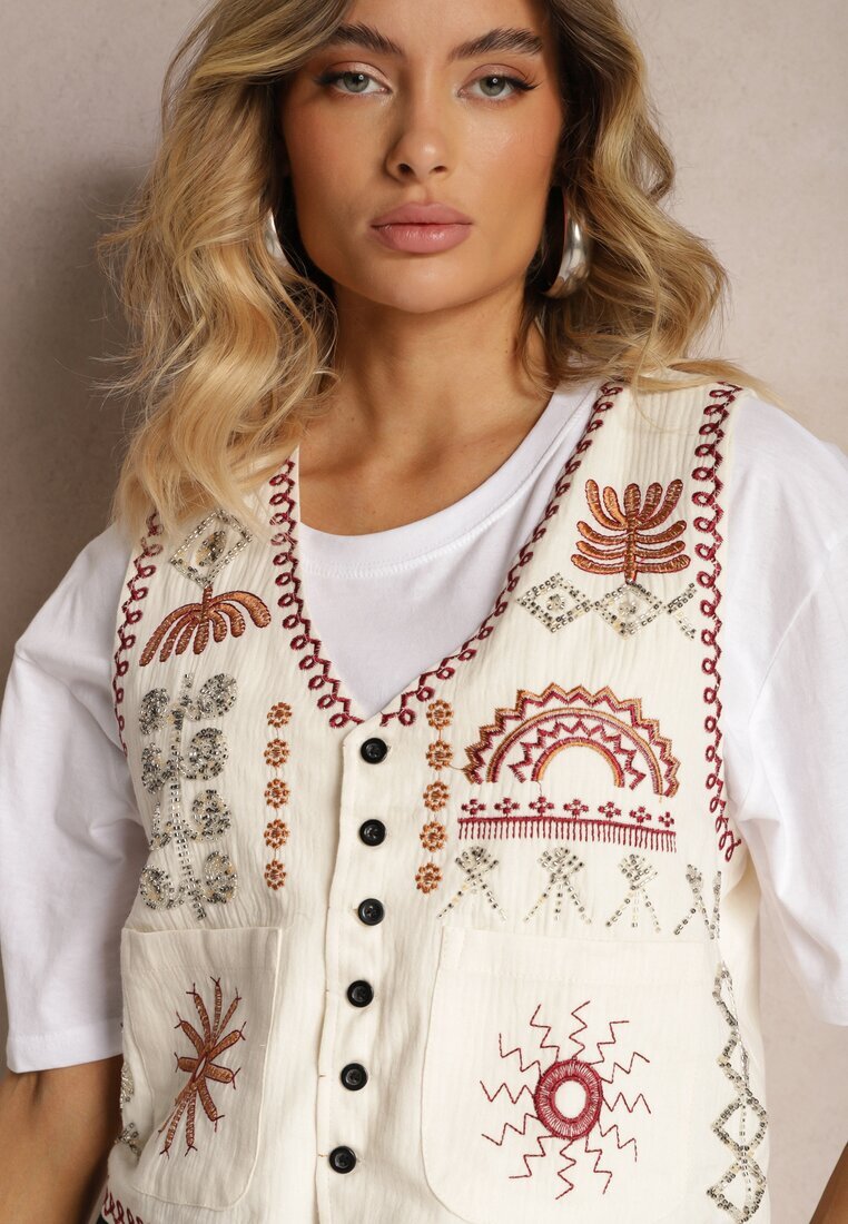 rosa Vestă Bej deschis din Bumbac Decorată cu broderie Încheiată cu nasturi Eleasea