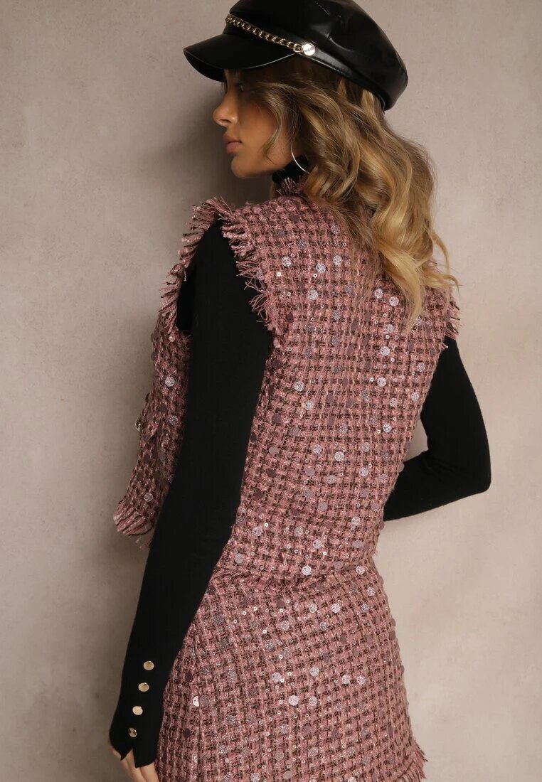 rosa Vestă de costum roz cu lână franjuri și paiete Lesaltia
