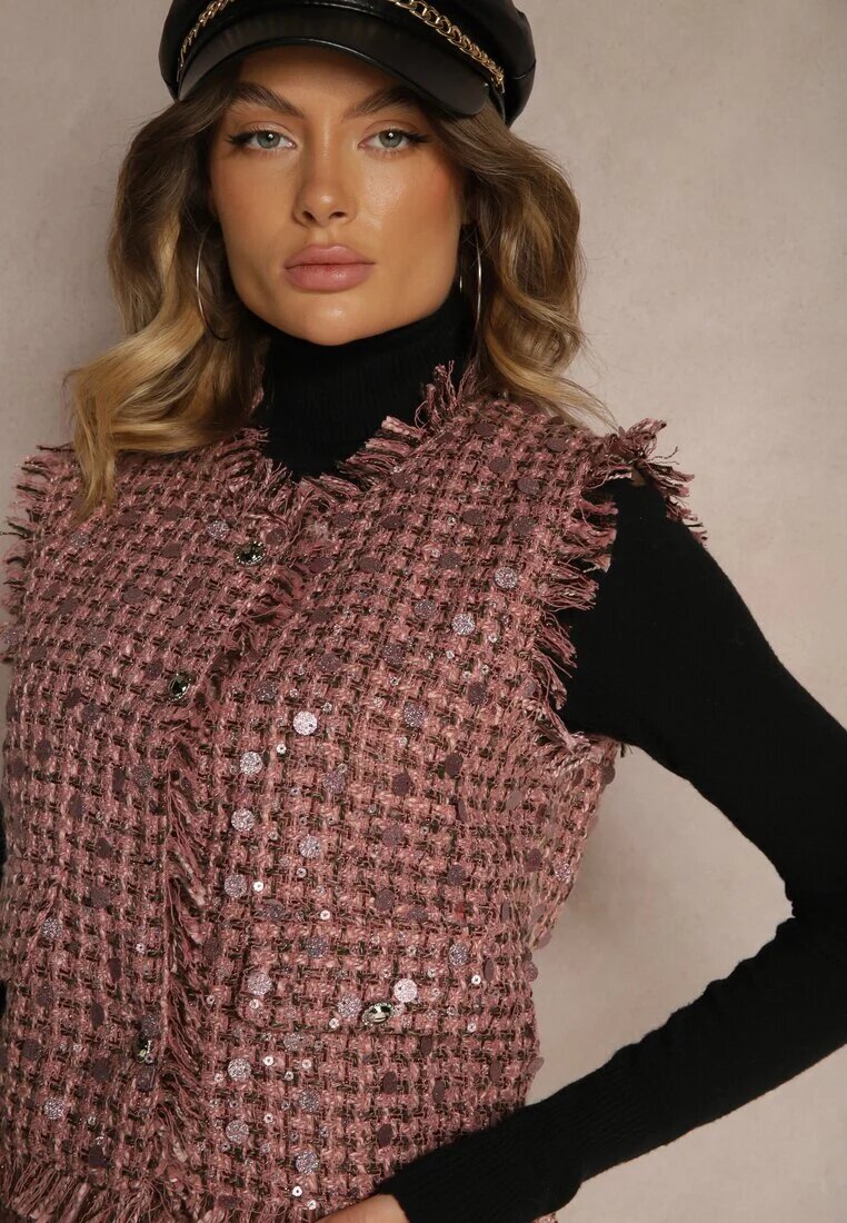 rosa Vestă de costum roz cu lână franjuri și paiete Lesaltia