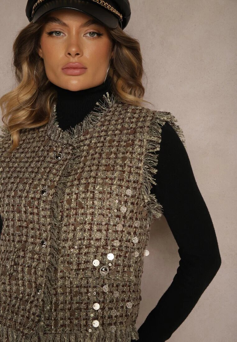 rosa Vestă de costum Verde-Aurie cu lână franjuri și paiete Lesaltia