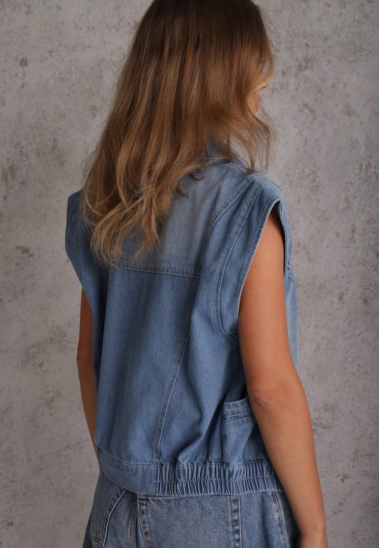 rosa Vestă din Denim Albastru din Bumbac cu Nasturi cu Buzunare Yevani
