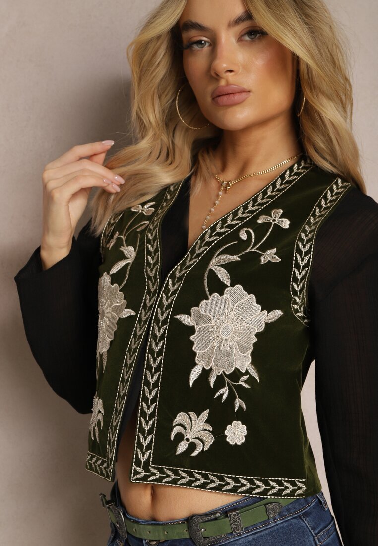 rosa Vestă Verde închisă din catifea decorată cu mărgele și broderii Saraleme