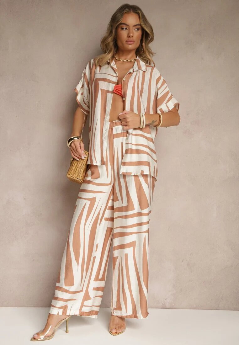 rosita Compleu Bej oversize cu in Cămașă și Pantaloni Largi Miravinia