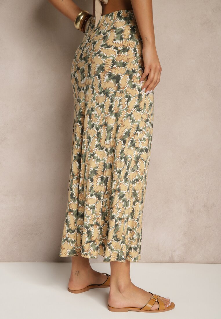 rosita Fustă Evazată Verde-Bej din Viscoză High Waist Fevanice