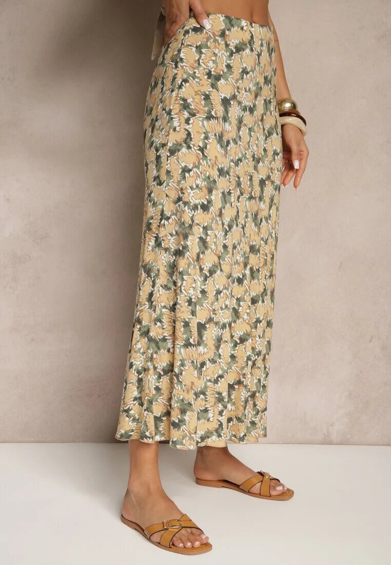 rosita Fustă Evazată Verde-Bej din Viscoză High Waist Fevanice