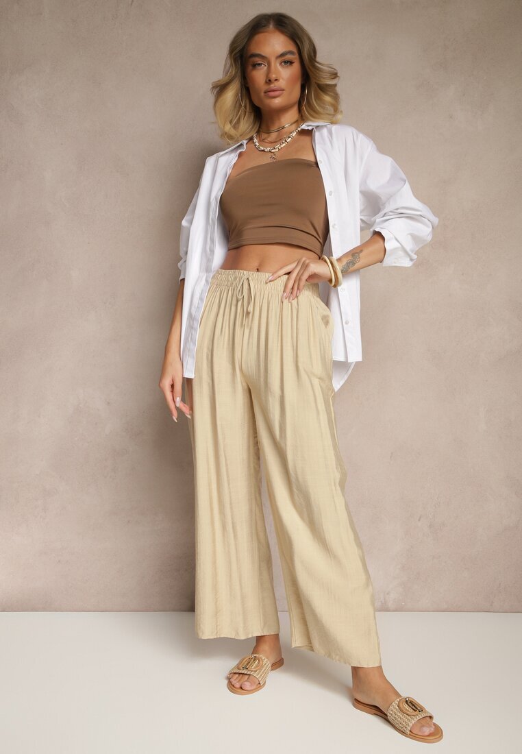 rosita Pantaloni Bej din Viscoză High Waist cu Croială Largă Divlise