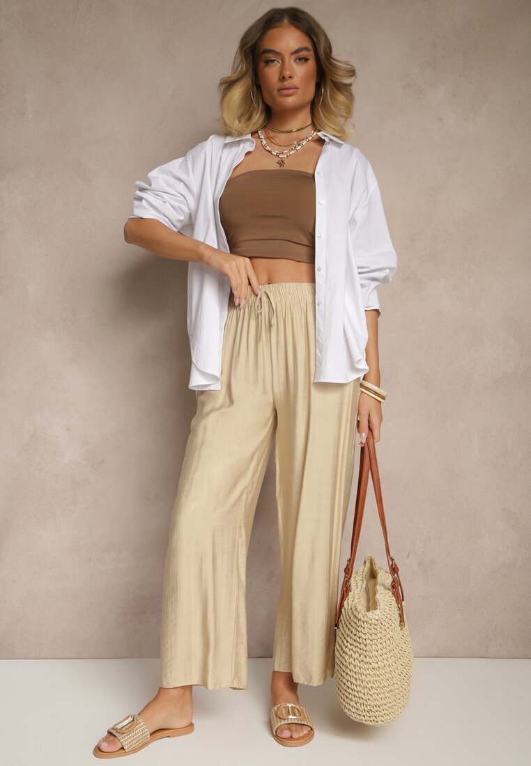 rosita Pantaloni Bej din Viscoză High Waist cu Croială Largă Divlise