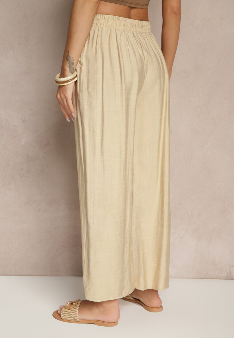 rosita Pantaloni Bej din Viscoză High Waist cu Croială Largă Divlise