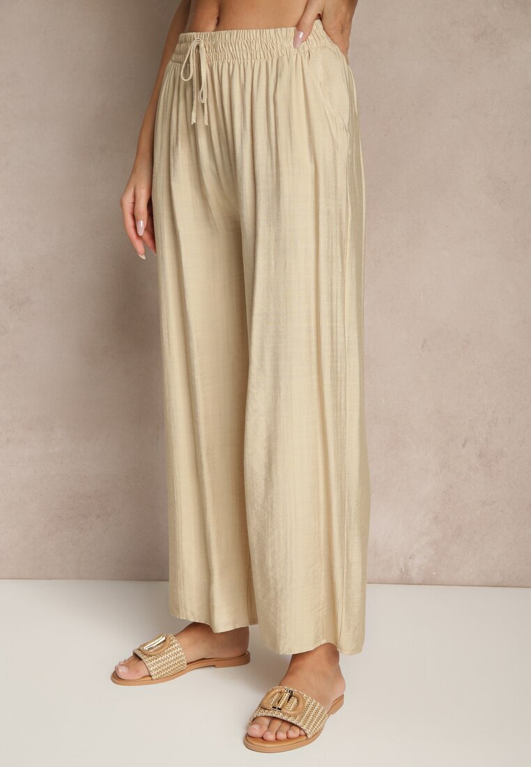 rosita Pantaloni Bej din Viscoză High Waist cu Croială Largă Divlise
