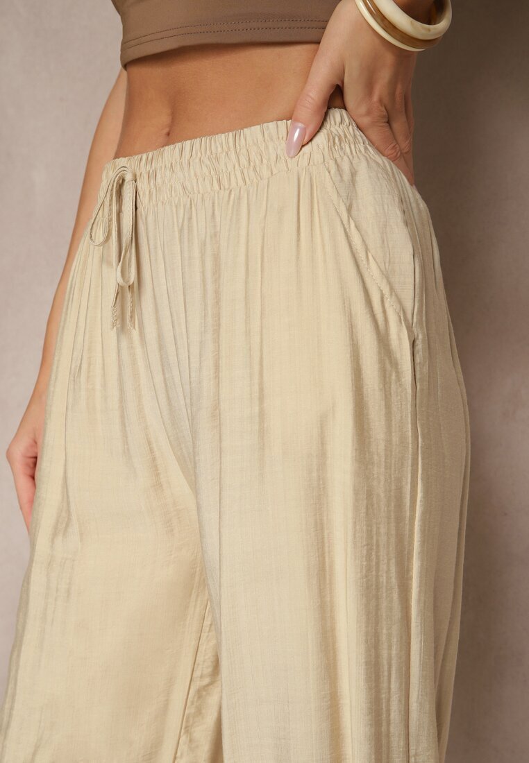 rosita Pantaloni Bej din Viscoză High Waist cu Croială Largă Divlise
