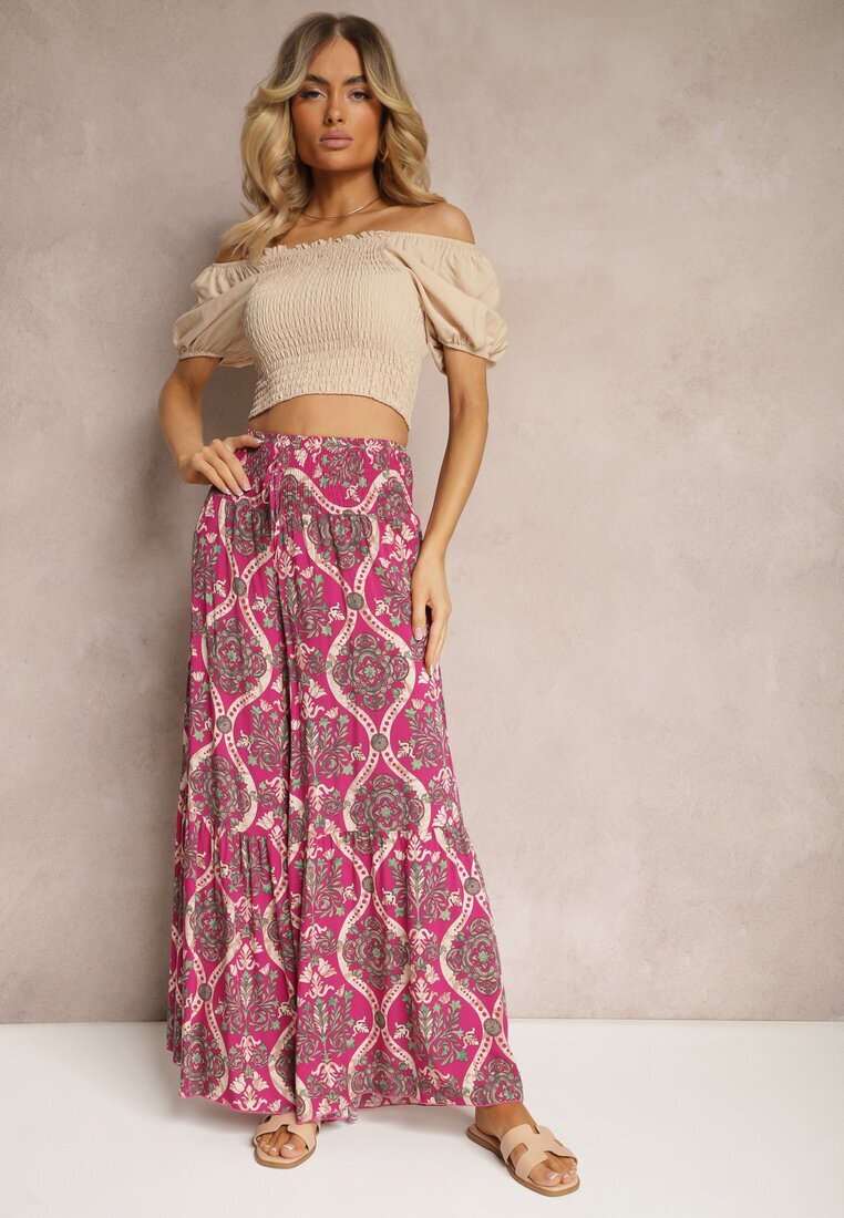 rosita Pantaloni Mov închis Largi din Viscoză cu Model Ornamental High Waist Cramelia
