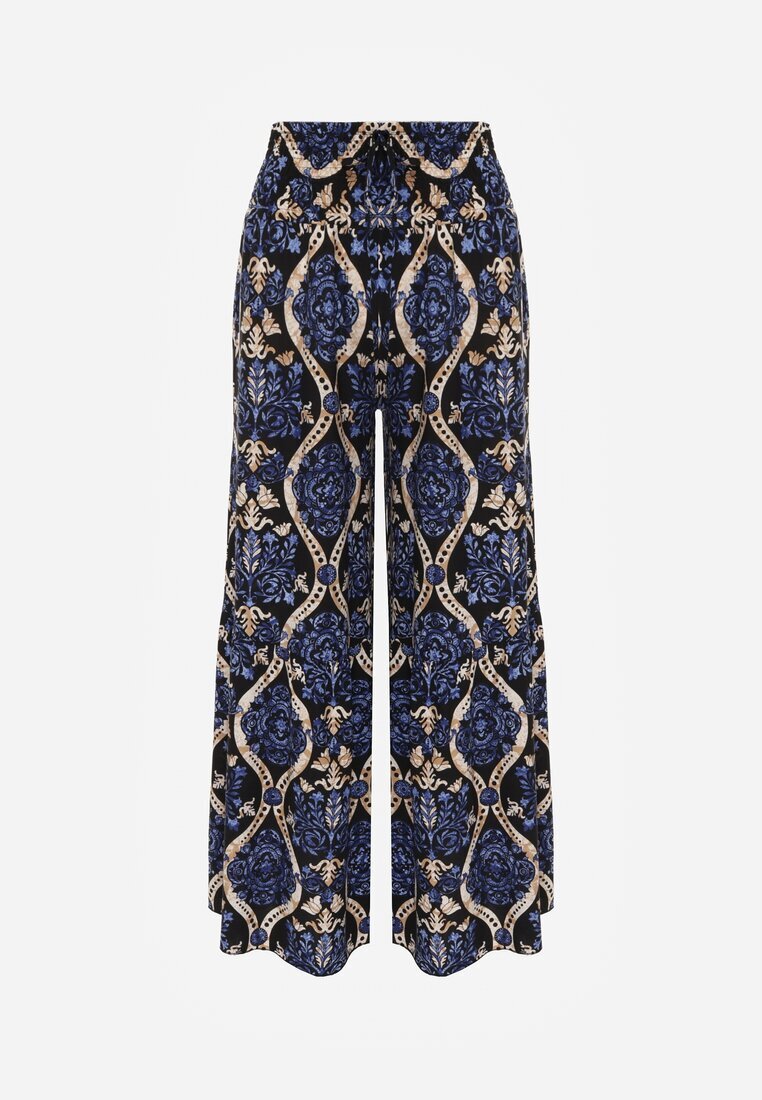 rosita Pantaloni Negru-Bleumarin Largi din Vâscoză cu Model Ornamental High Waist Cramelia