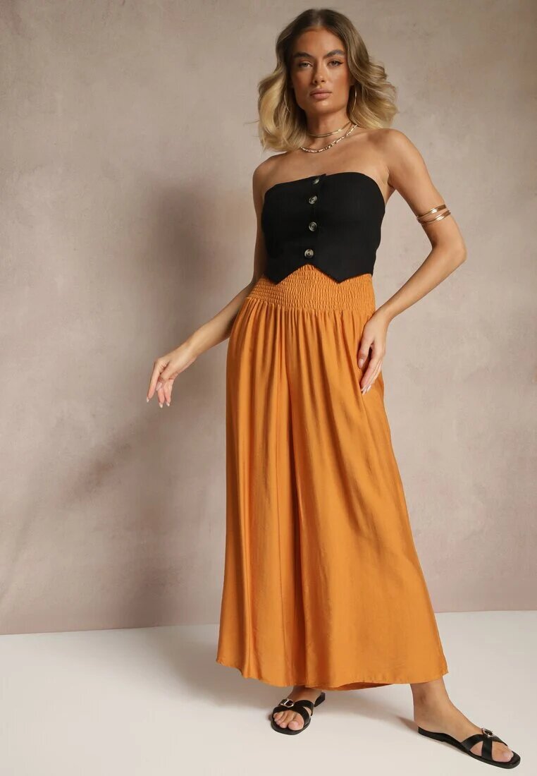 rosita Pantaloni Portocalii din Viscoză cu croială largă High Waist Orrana
