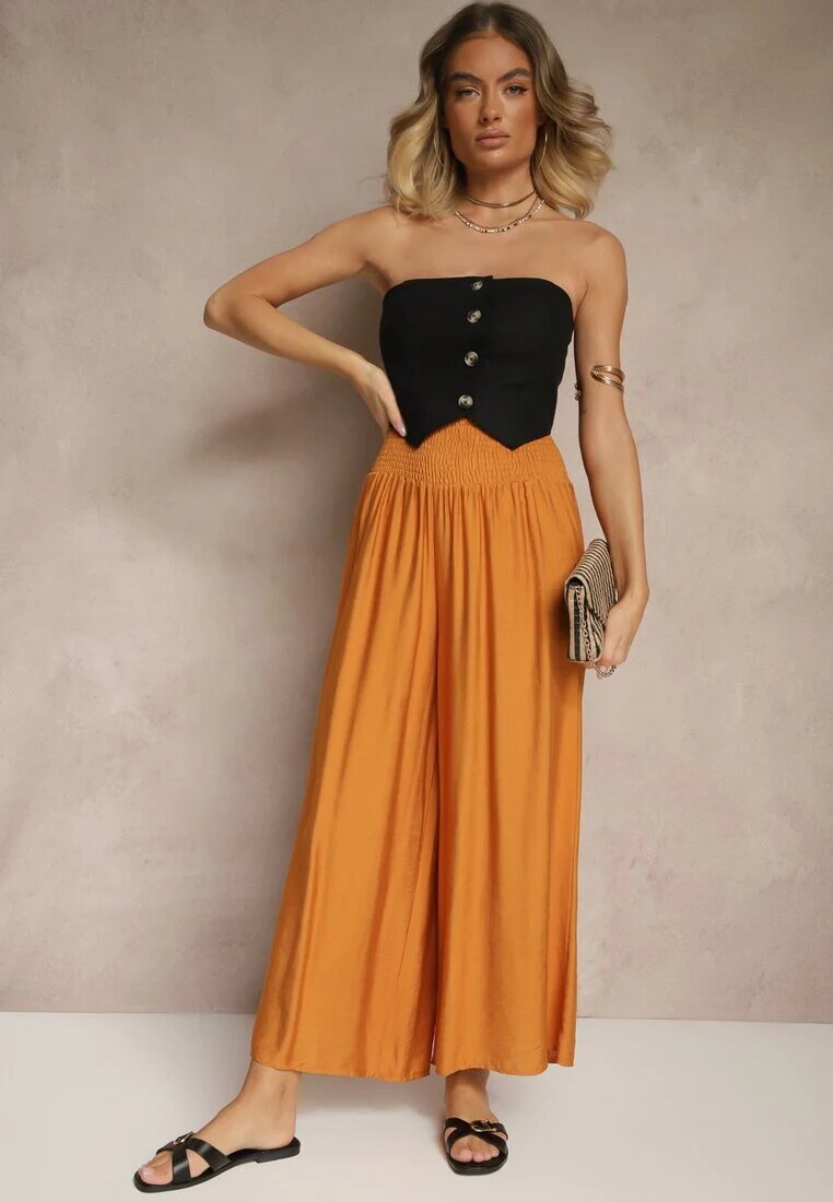 rosita Pantaloni Portocalii din Viscoză cu croială largă High Waist Orrana