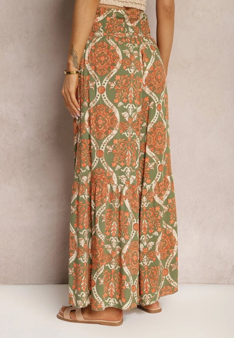 rosita Pantaloni Verde-Portocalii Largi din Viscoză cu Model Ornamental High Waist Cramelia