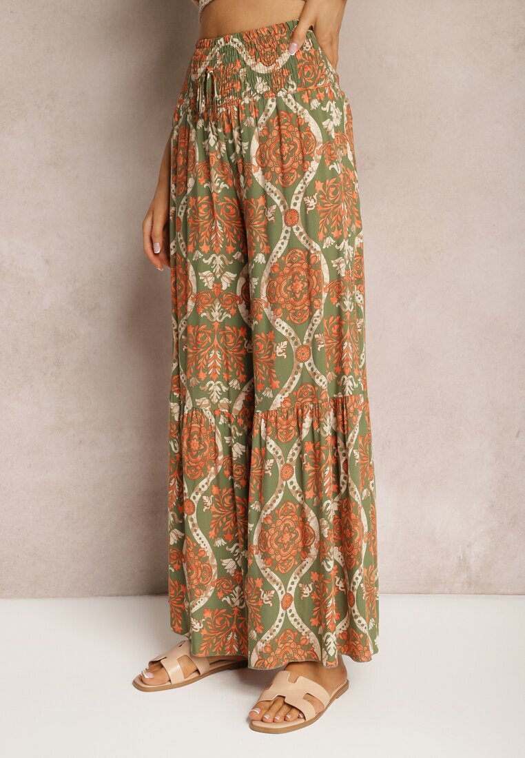 rosita Pantaloni Verde-Portocalii Largi din Viscoză cu Model Ornamental High Waist Cramelia