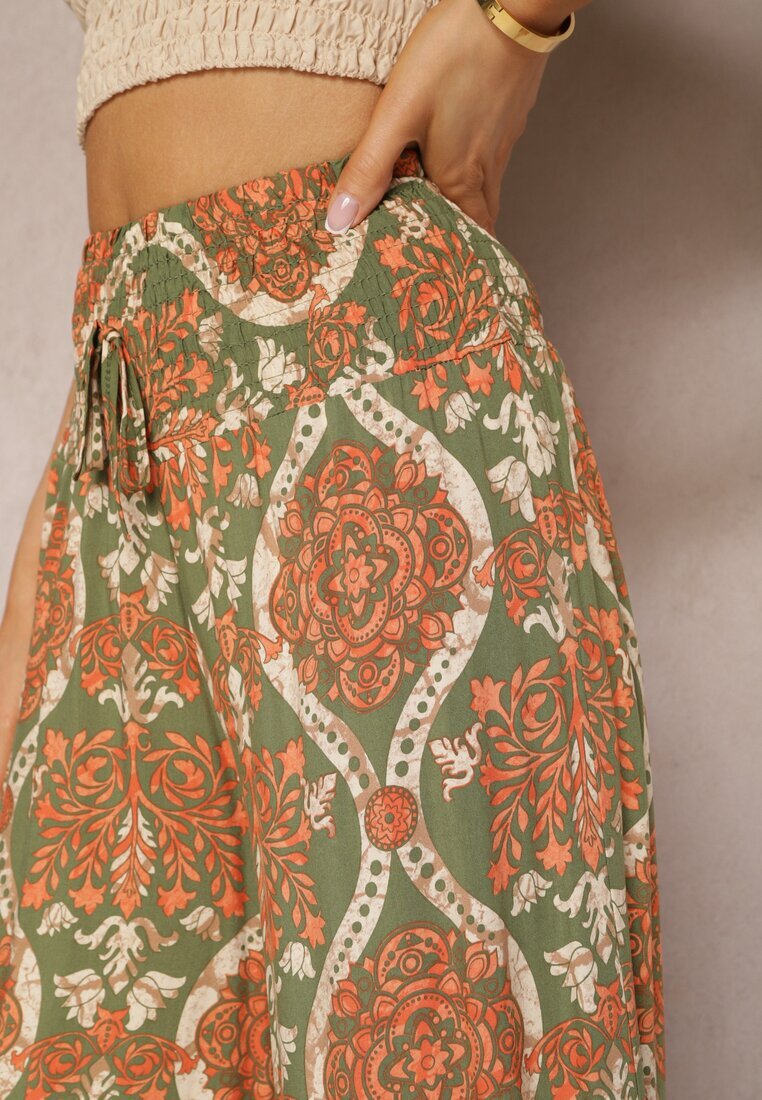 rosita Pantaloni Verde-Portocalii Largi din Viscoză cu Model Ornamental High Waist Cramelia