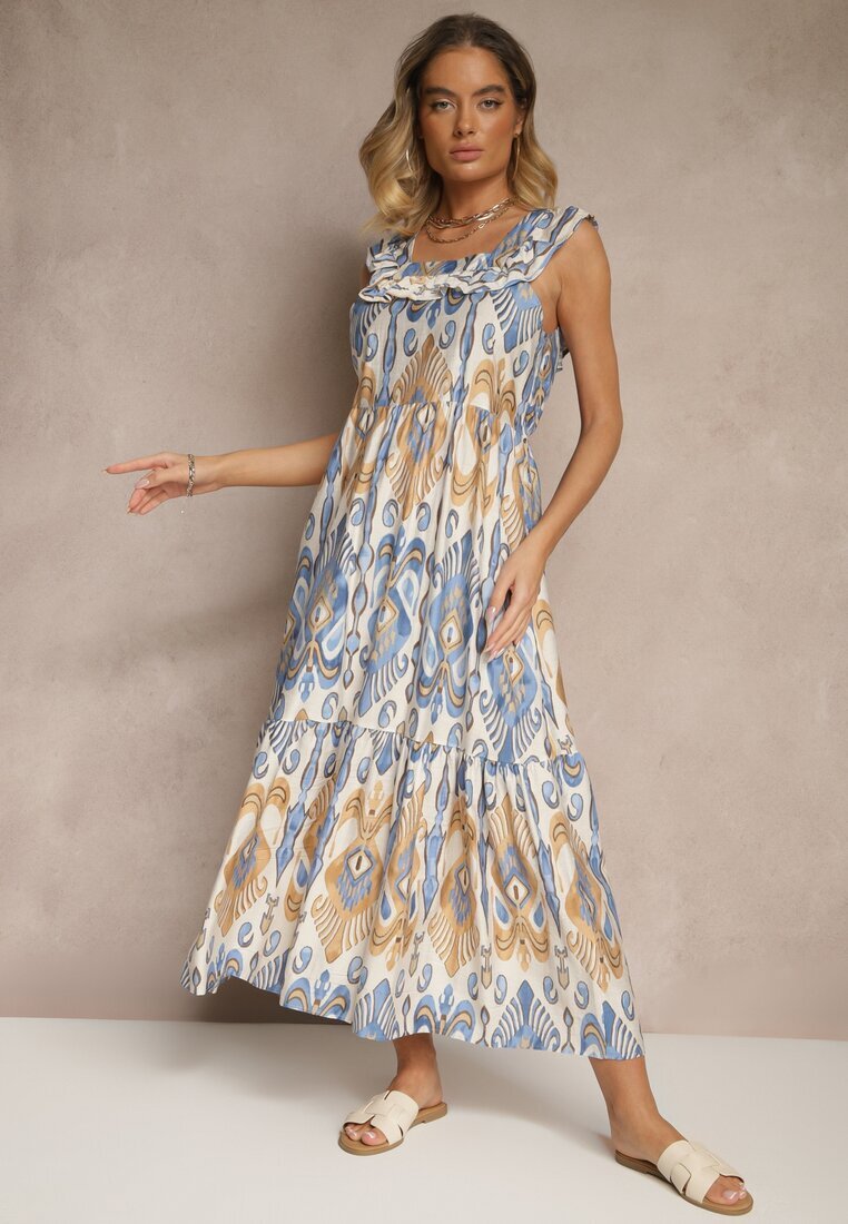 rosita Rochie Albastră Evazată din viscoză Legată la spate cu model boho Turieza