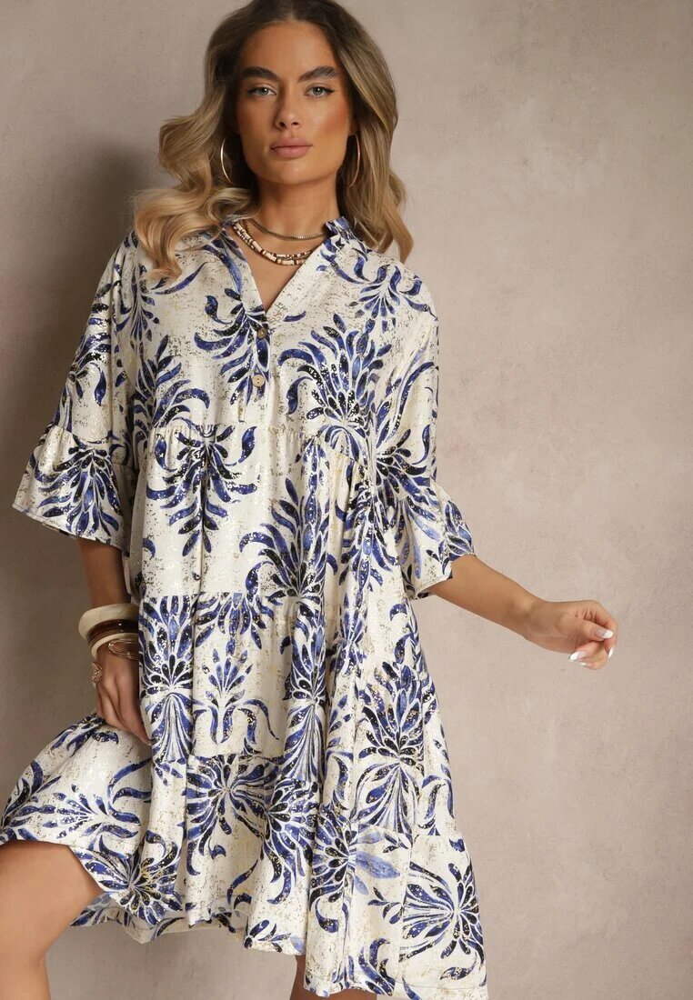rosita Rochie Albastru-Bej cu In cu Croială Evazată Decorată cu Imprimeu Metalic Filinwena