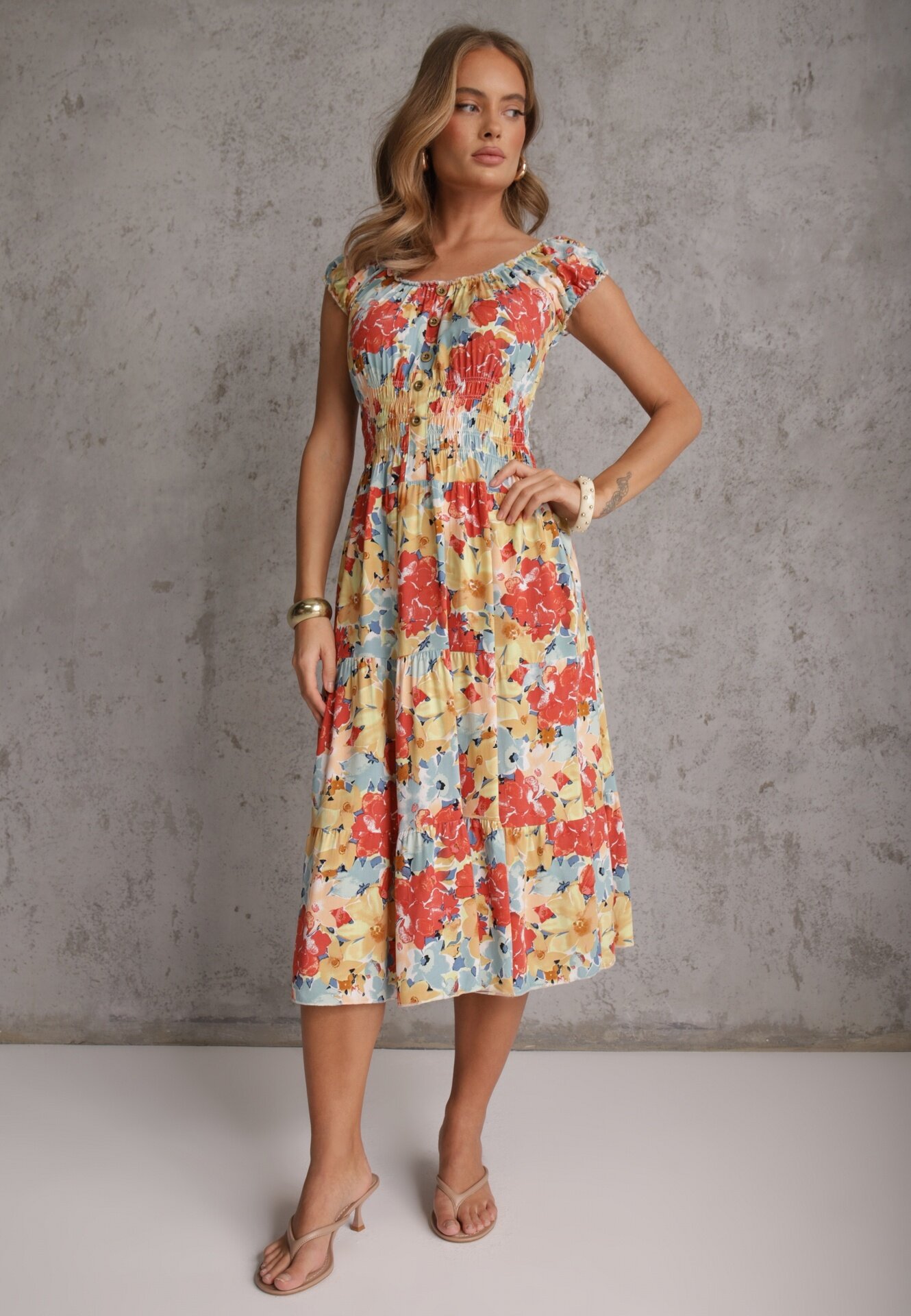 rosita Rochie Roz-bej Midi cu Mânecă Scurtă din Viscoză cu Imprimeu Floral Emena