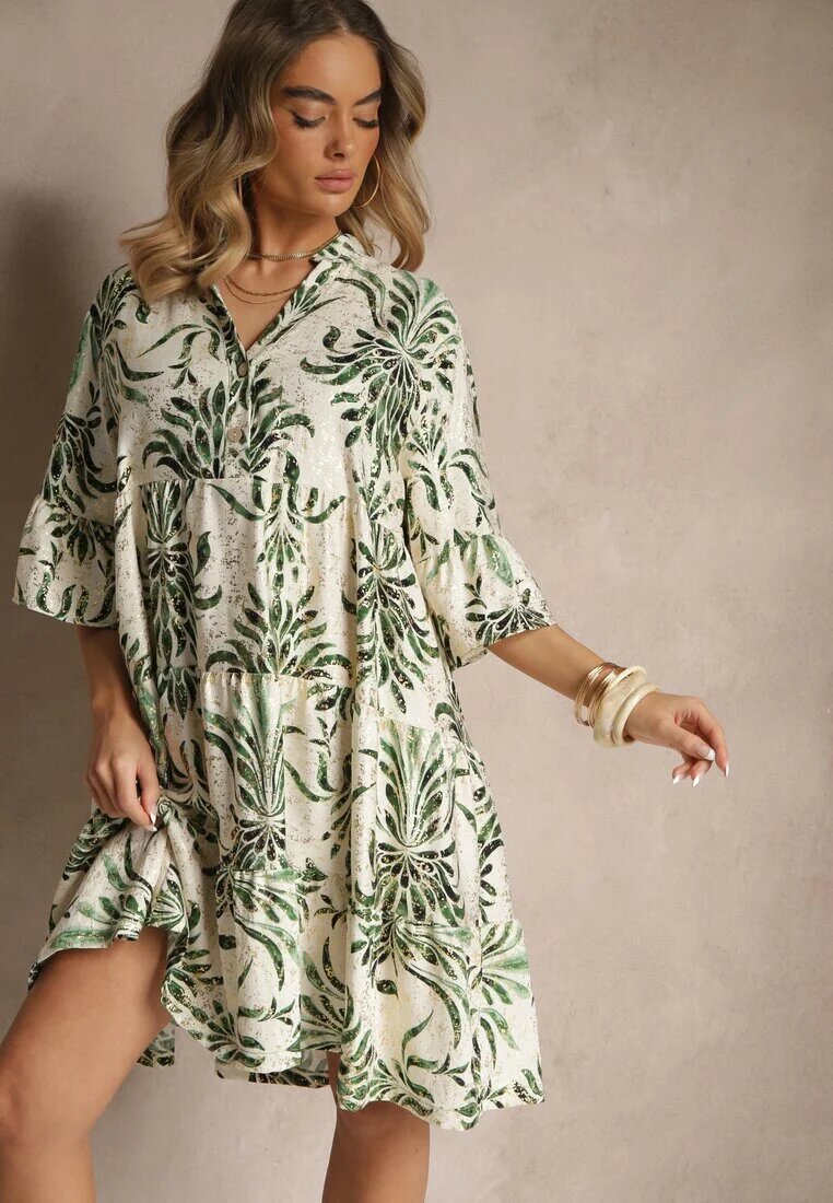 rosita Rochie Verde-Bej cu In cu croială evazată decorată cu imprimeu metalic Filinwena