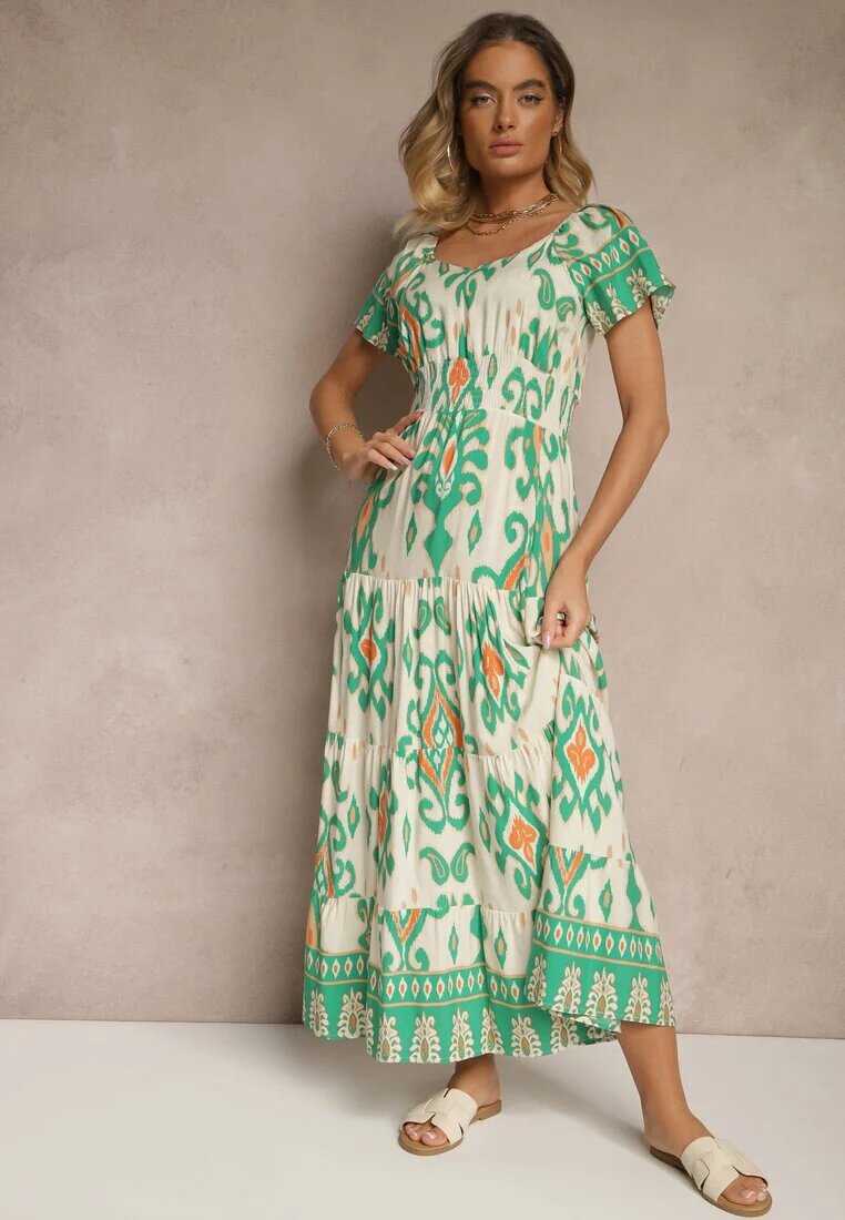rosita Rochie Verde din Vâscoză Decorată cu Motiv Geometric Clevessa