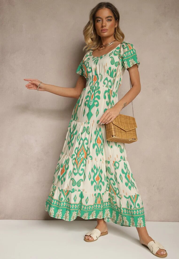 rosita Rochie Verde din Vâscoză Decorată cu Motiv Geometric Clevessa