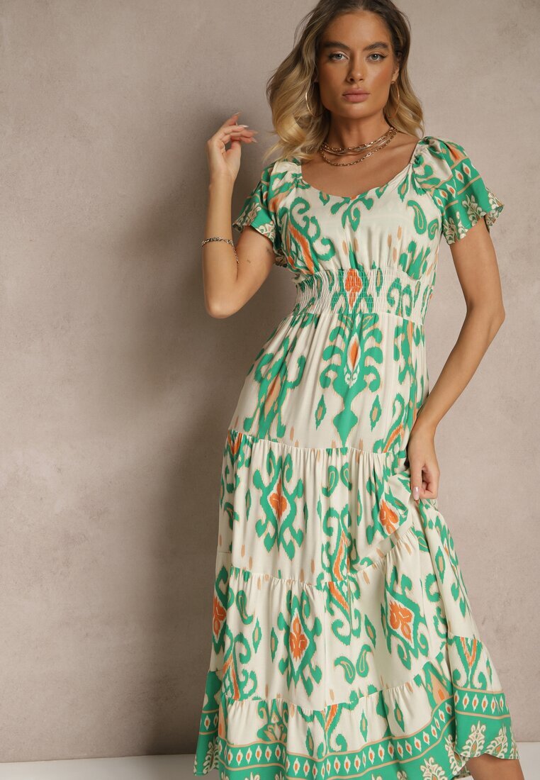 rosita Rochie Verde din Vâscoză Decorată cu Motiv Geometric Clevessa