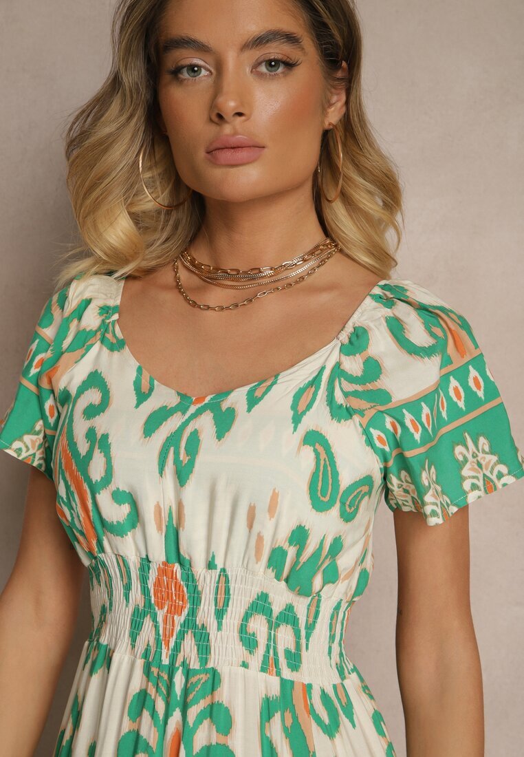 rosita Rochie Verde din Vâscoză Decorată cu Motiv Geometric Clevessa