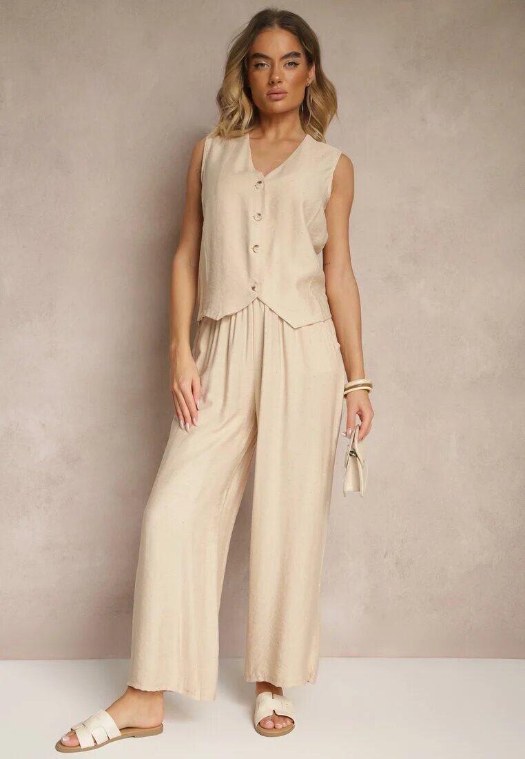 rosita Set Bej cu croială de costum cu in Vestă și Pantaloni cu Zirconii Redavale