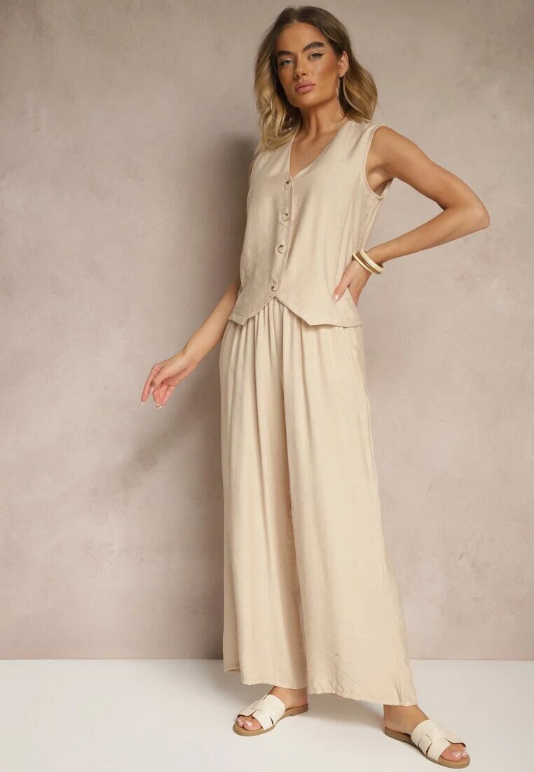 rosita Set Bej cu croială de costum cu in Vestă și Pantaloni cu Zirconii Redavale