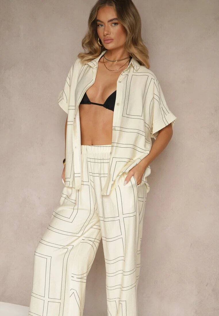 rosita Set Bej deschis din Viscoză și In Pantaloni și Cămașă cu Motiv Geometric Fevalette